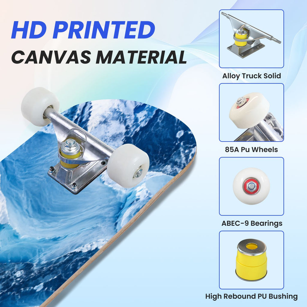 31"x8" abstract paint water blue sea Complete Skateboard for Beginners waves watercolor seamless 7 Layer Maple Deck Double Kick Kids Skateboard with 85A PU Wheels Gifts for Kids Teens