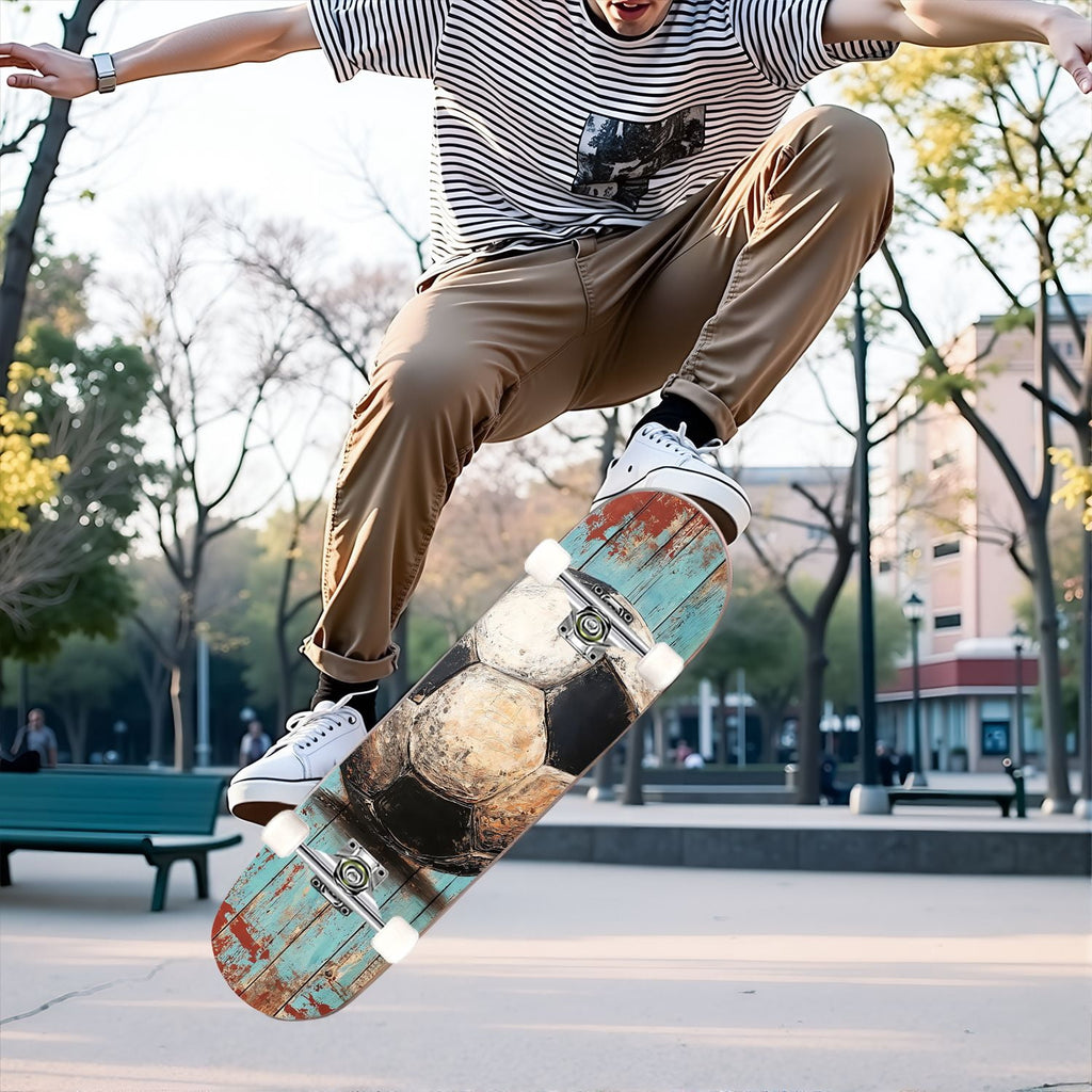 31"x8" Complete Skateboards for Beginners,Abstract Soccer Ball Vibrant Paint Splashes Drips Double Kick 7 Ply Canadian Maple Deck Skateboard with Wheels, Sports Gifts for Kids Teens