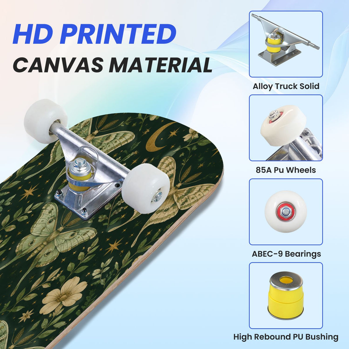 31"x8" Complete Skateboards for Beginners, Mystical Purple Butterfly Glowing Mushrooms Under Full Moon Double Kick 7 Ply Canadian Maple Deck Skateboard with Wheels, Gifts for Kids Teens