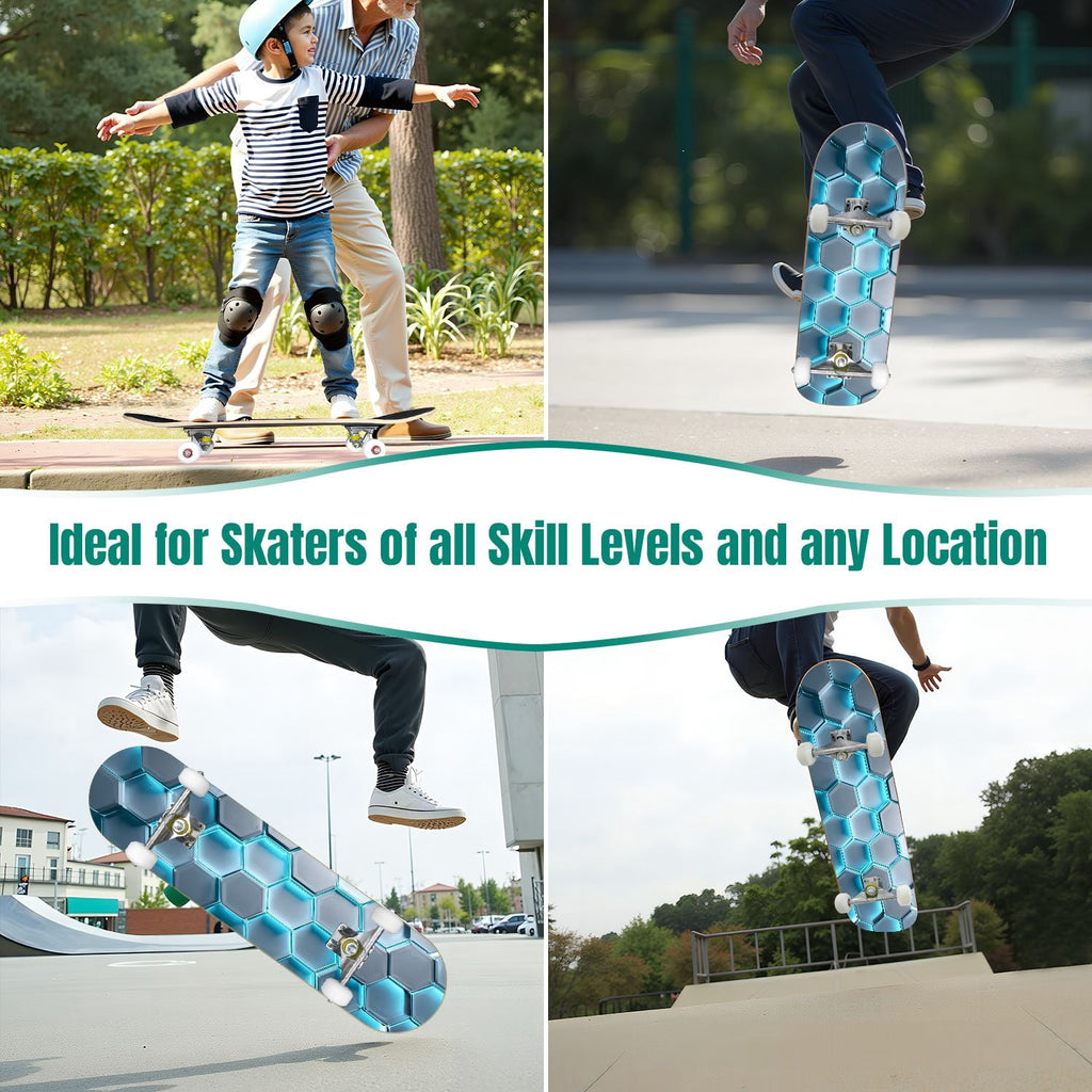 Futuristic Hexagonal Metallic Blue Glowing Orange Highlights 31" x 8" Complete Skateboard, 7-Ply Canadian Maple Double Kick Trick Board for Kids and Beginners Adult Gifts