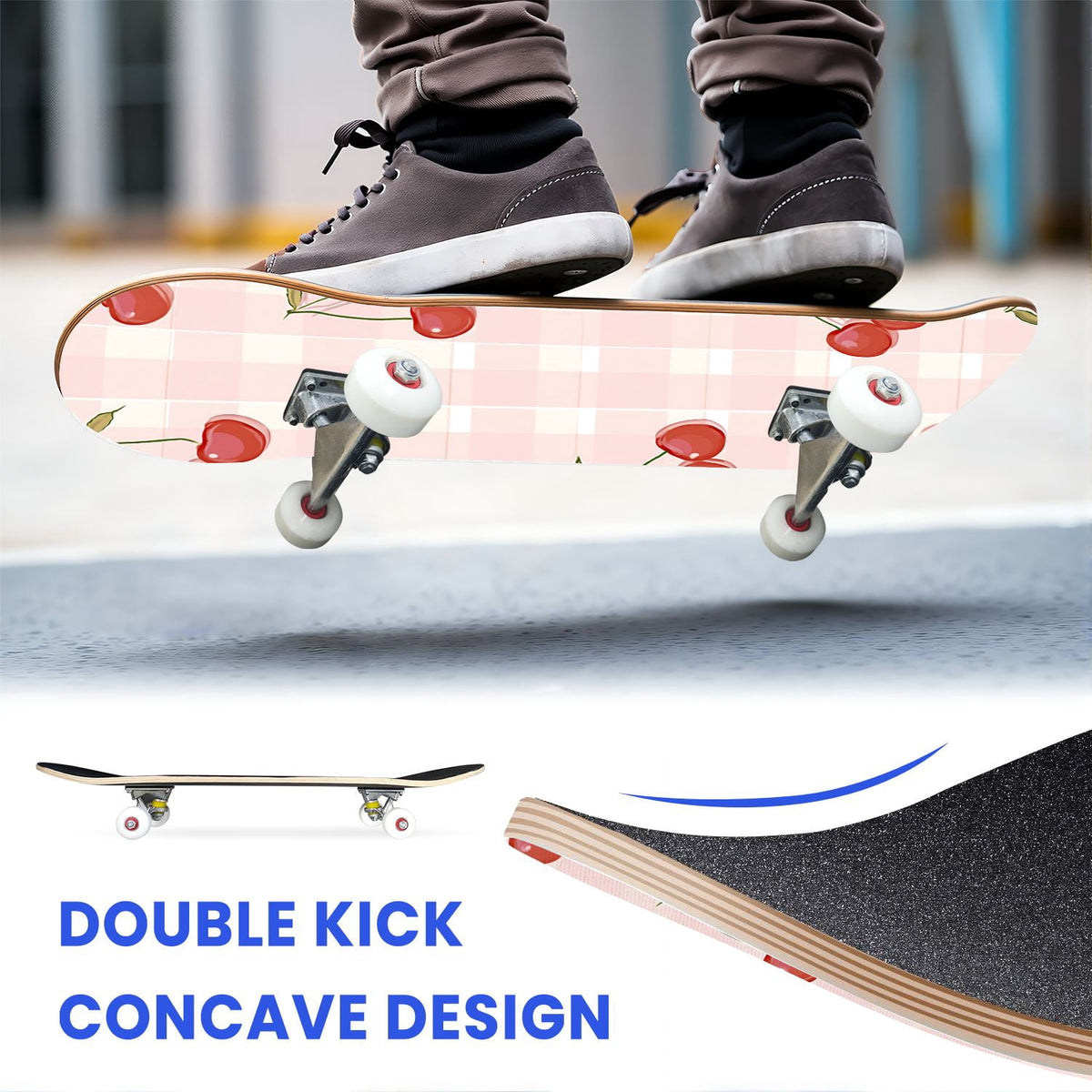 31"x8" Complete Skateboards for Beginners,Pink White Gingham Checkered Subtle Double Kick 7 Ply Canadian Maple Deck Skateboard with Wheels, Gifts for Kids Teens