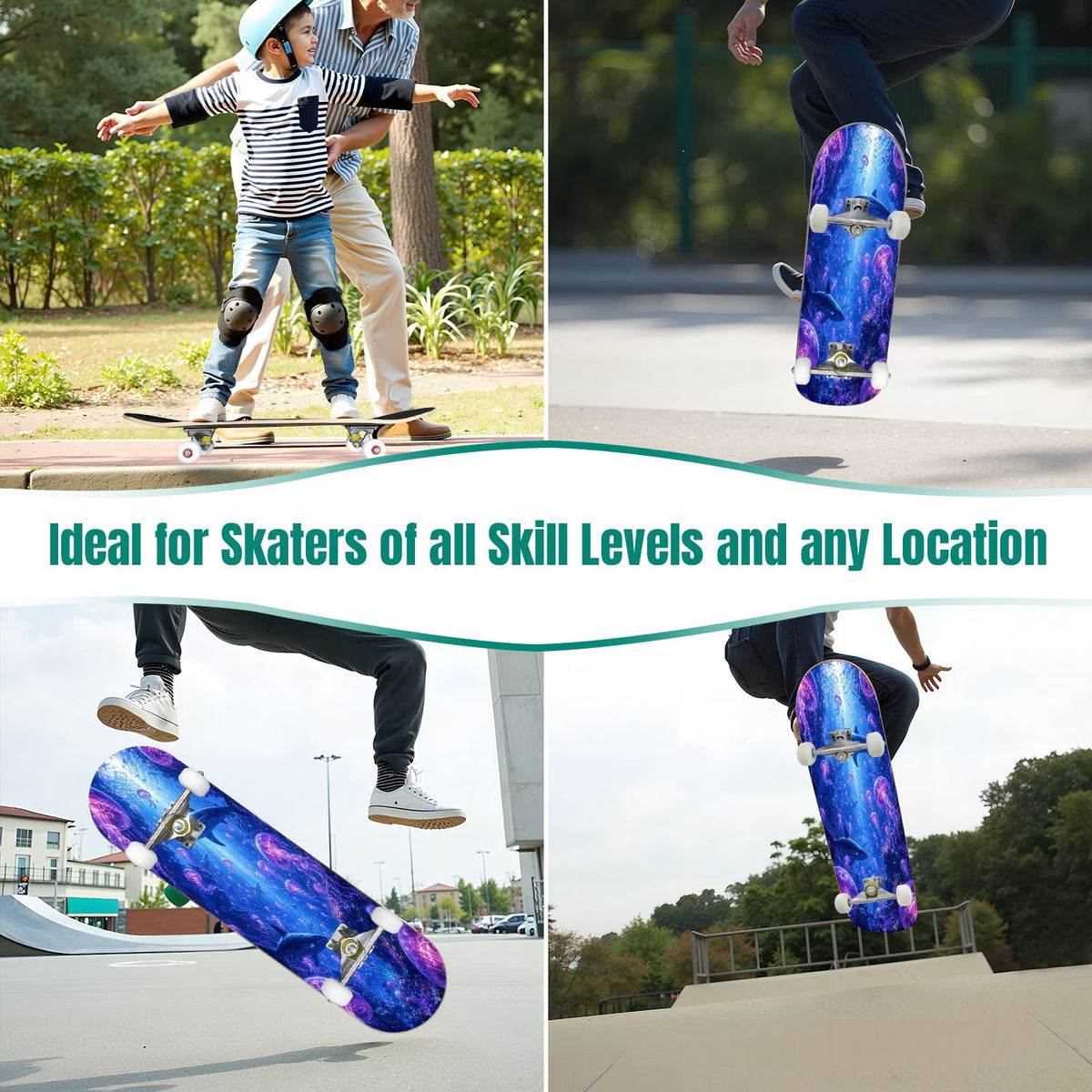 31"x8" Complete Skateboards for Beginners, Underwater Sharks Glowing Purple Jellyfish Marine Life Double Kick 7 Ply Canadian Maple Deck Skateboard with Wheels, Gifts for Kids Teens
