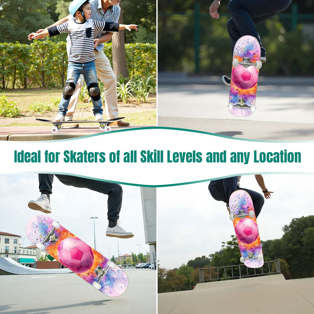 Dynamic Soccer Ball Explosion Energy Effects Stadium 31" x 8" Complete Skateboard, 7-Ply Canadian Maple Double Kick Trick Board for Kids and Beginners Adult Gifts