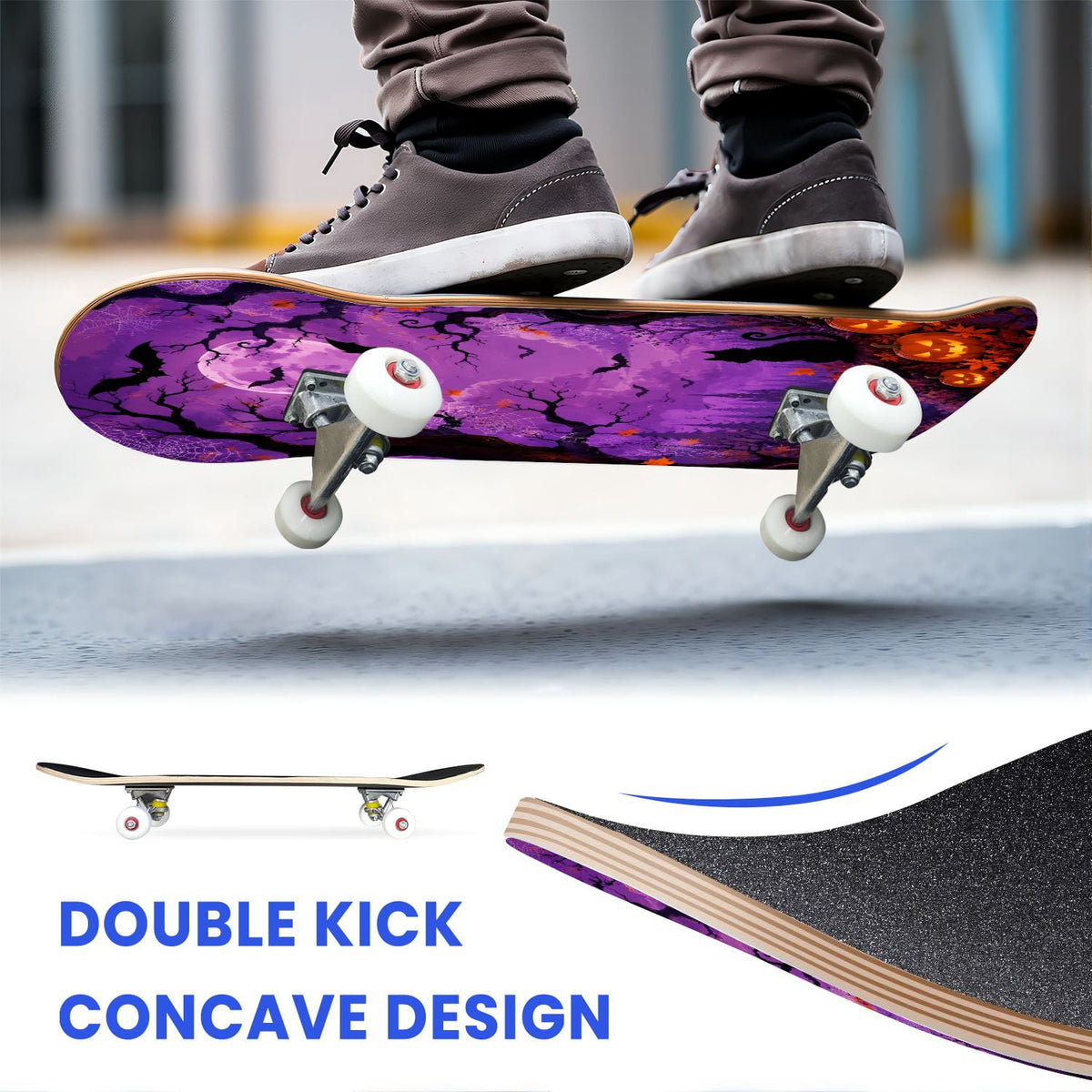 31"x8" Complete Skateboards for Beginners,Halloween Forest Bats Black Cat Glowing Double Kick 7 Ply Canadian Maple Deck Skateboard with Wheels, Gifts for Kids Teens