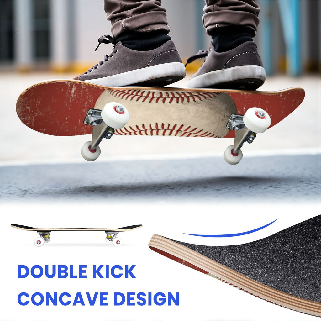 31"x8" Complete Skateboards for Beginners,Vintage Baseball Worn Red Stitches Rustic Double Kick 7 Ply Canadian Maple Deck Skateboard with Wheels, Sports Gifts for Kids Teens