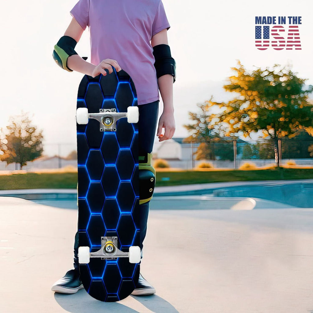 31"x8" Complete Skateboards for Beginners, Abstract Geometric Vibrant Neon Line Accents Dark Futuristic Double Kick 7 Ply Canadian Maple Deck Skateboard with Wheels, Gifts for Boys Teens