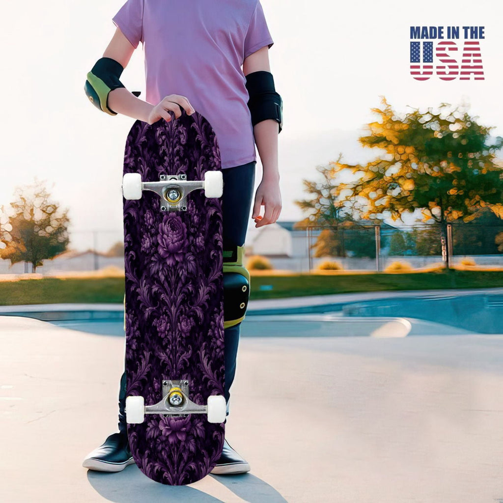 31"x8" Complete Skateboards for Beginners, Purple White Cosmos Flowers Butterflies Watercolor Double Kick 7 Ply Canadian Maple Deck Skateboard with Wheels, Gifts for Kids Teens