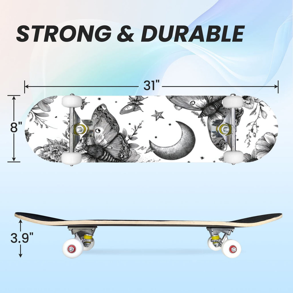 31"x8" Complete Skateboards for Beginners,Whimsical Moths Flowers Pastel Colors Stars Moon Mystical Double Kick 7 Ply Canadian Maple Deck Skateboard with Wheels, Gifts for Kids Teens