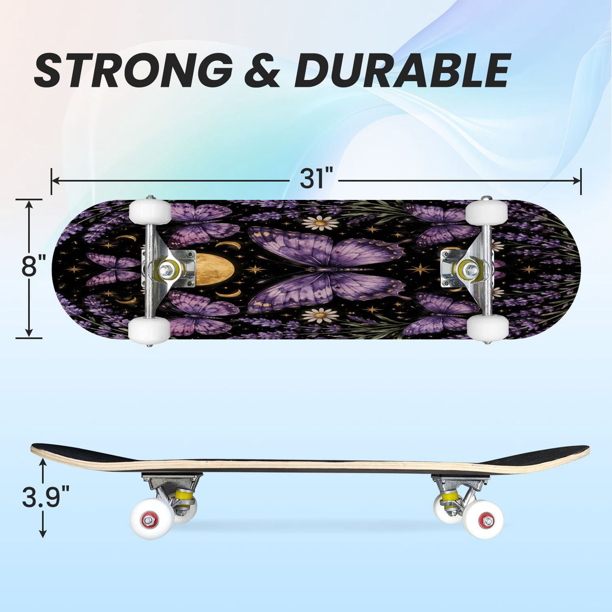 31"x8" Complete Skateboards for Beginners, Blue Moth Moonlight Flowers Mushrooms Forest Double Kick 7 Ply Canadian Maple Deck Skateboard with Wheels, Gifts for Kids Teens