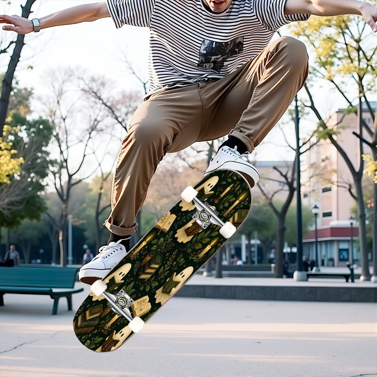 31"x8" Complete Skateboards for Beginners,Vintage Botanical Skull Flowers Elements Dark Double Kick 7 Ply Canadian Maple Deck Skateboard with Wheels, Gifts for Kids Teens
