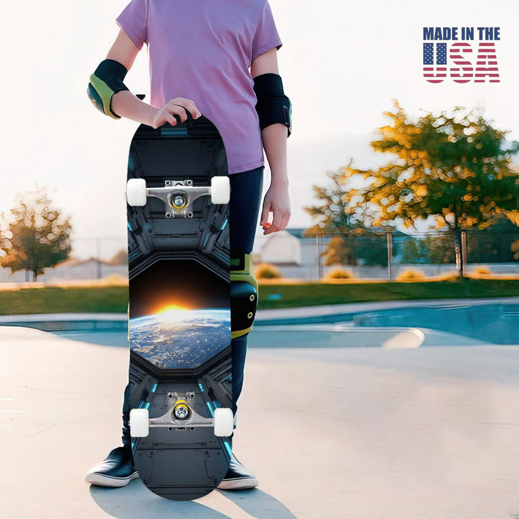 31"x8" Complete Skateboards for Beginners,Black Hexagon Honeycomb Glowing Blue Accents Double Kick 7 Ply Canadian Maple Deck Skateboard with Wheels, Gifts for Kids Teens