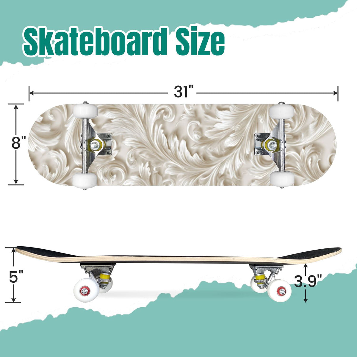 Elegant Purple Damask 31" x 8" Complete Skateboard, 7-Ply Canadian Maple Double Kick Trick Board for Kids and Beginners Adult Gifts