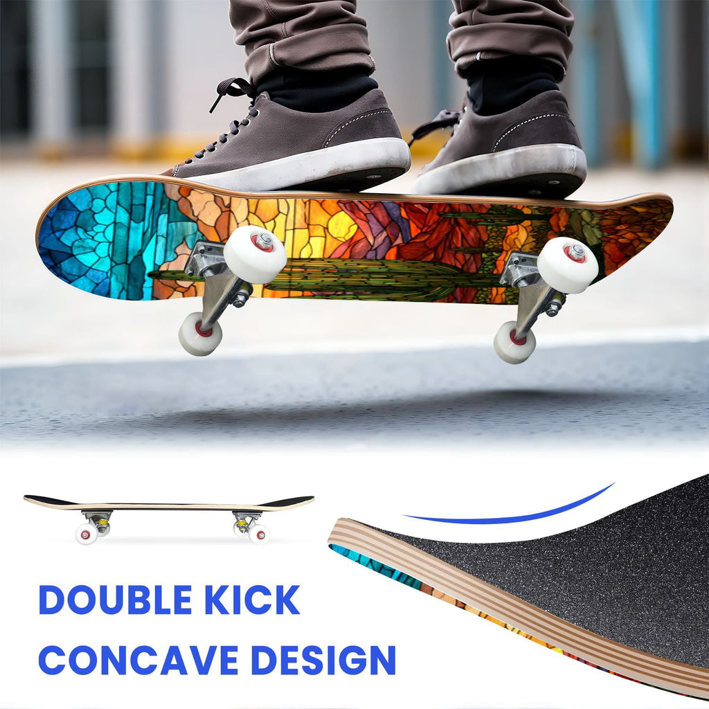 31"x8" Complete Skateboards for Beginners, Vibrant Stained Glass Window Butterflies Flowers Double Kick 7 Ply Canadian Maple Deck Skateboard with Wheels, Gifts for Kids Teens