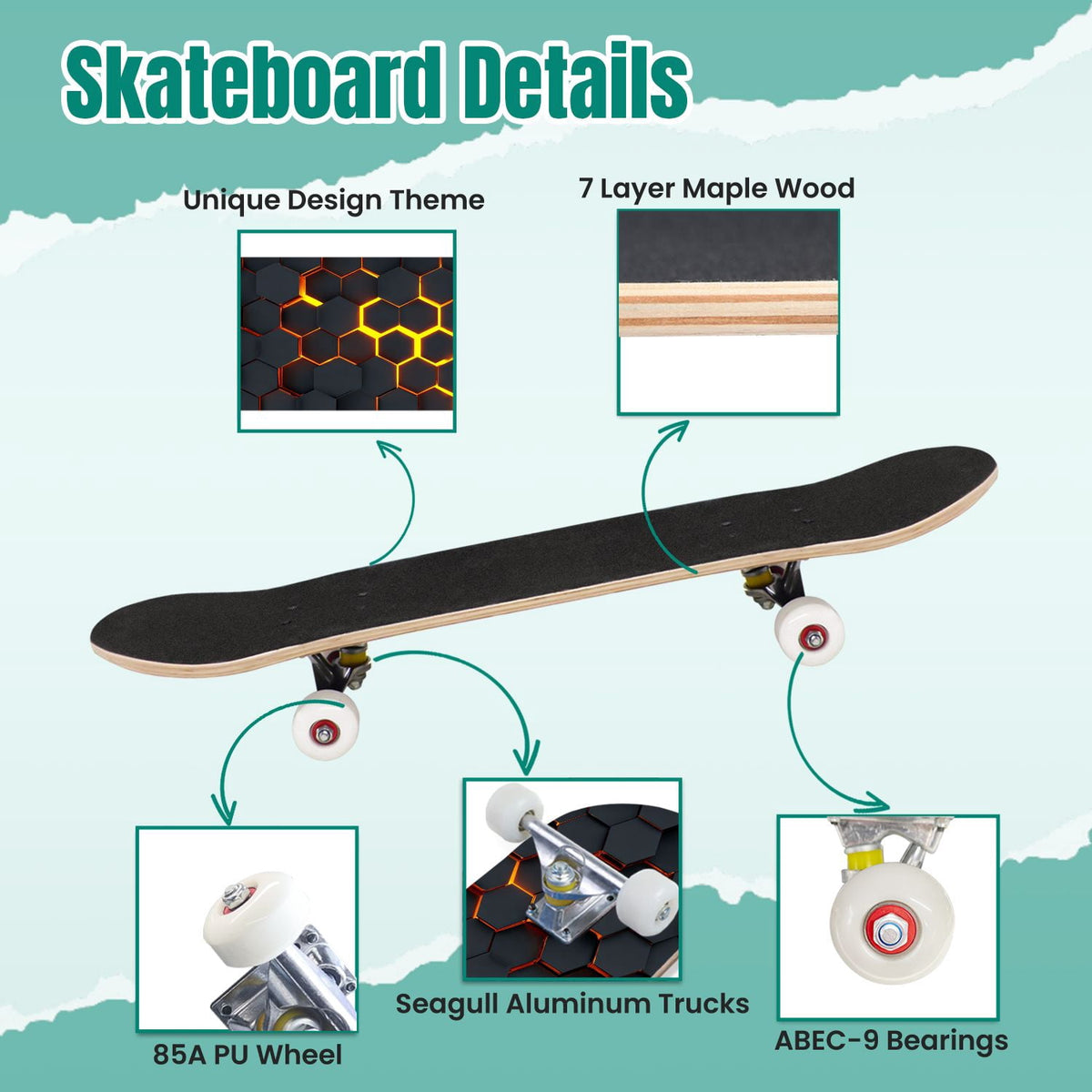 Futuristic Hexagonal Metallic Blue Glowing Orange Highlights 31" x 8" Complete Skateboard, 7-Ply Canadian Maple Double Kick Trick Board for Kids and Beginners Adult Gifts