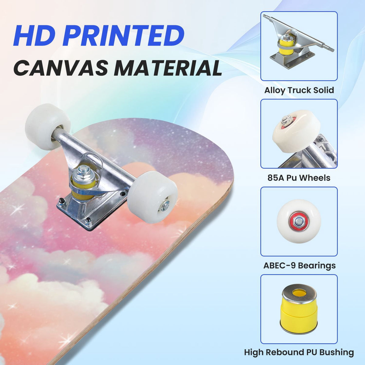 31"x8" Complete Skateboards for Beginners, Pastel Clouds Sparkles Dreamy Gradient Sky Summer Decor Double Kick 7 Ply Canadian Maple Deck Skateboard with Wheels, Gifts for Kids Teens