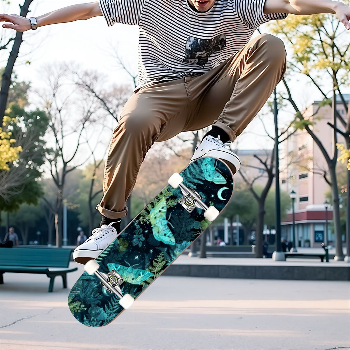 31"x8" Complete Skateboards for Beginners,Whimsical Blue Butterflies Green Foliage Dark Night Fantasy Double Kick 7 Ply Canadian Maple Deck Skateboard with Wheels, Gifts for Kids Teens