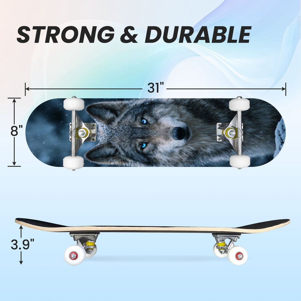 31"x8" Complete Skateboards for Beginners, Blue Deep Sea Sailing Ship Octopus Lighthouse Clouds Ocean Double Kick 7 Ply Canadian Maple Deck Skateboard with Wheels, Gifts for Kids Teens