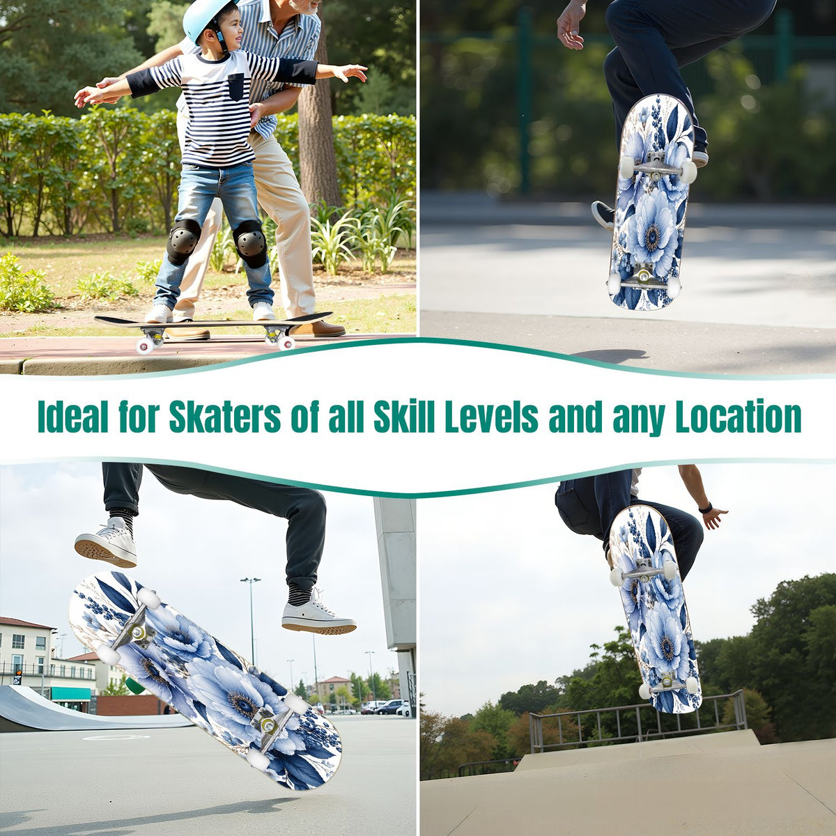 31"x8" Complete Skateboards for Beginners,Seamless Blue Watercolor Crabs Floral Accents Light Double Kick 7 Ply Canadian Maple Deck Skateboard with Wheels, Gifts for Kids Teens