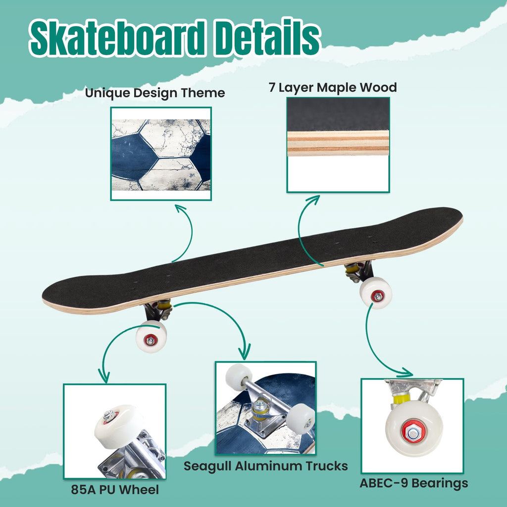 Dynamic Soccer Ball Explosion Energy Effects Stadium 31" x 8" Complete Skateboard, 7-Ply Canadian Maple Double Kick Trick Board for Kids and Beginners Adult Gifts