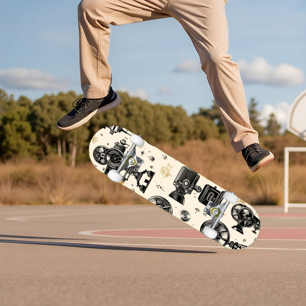 Vintage Movie Theater Classic Cinema 31" x 8" Complete Skateboard, 7-Ply Canadian Maple Double Kick Trick Board for Kids and Beginners Adult Gifts