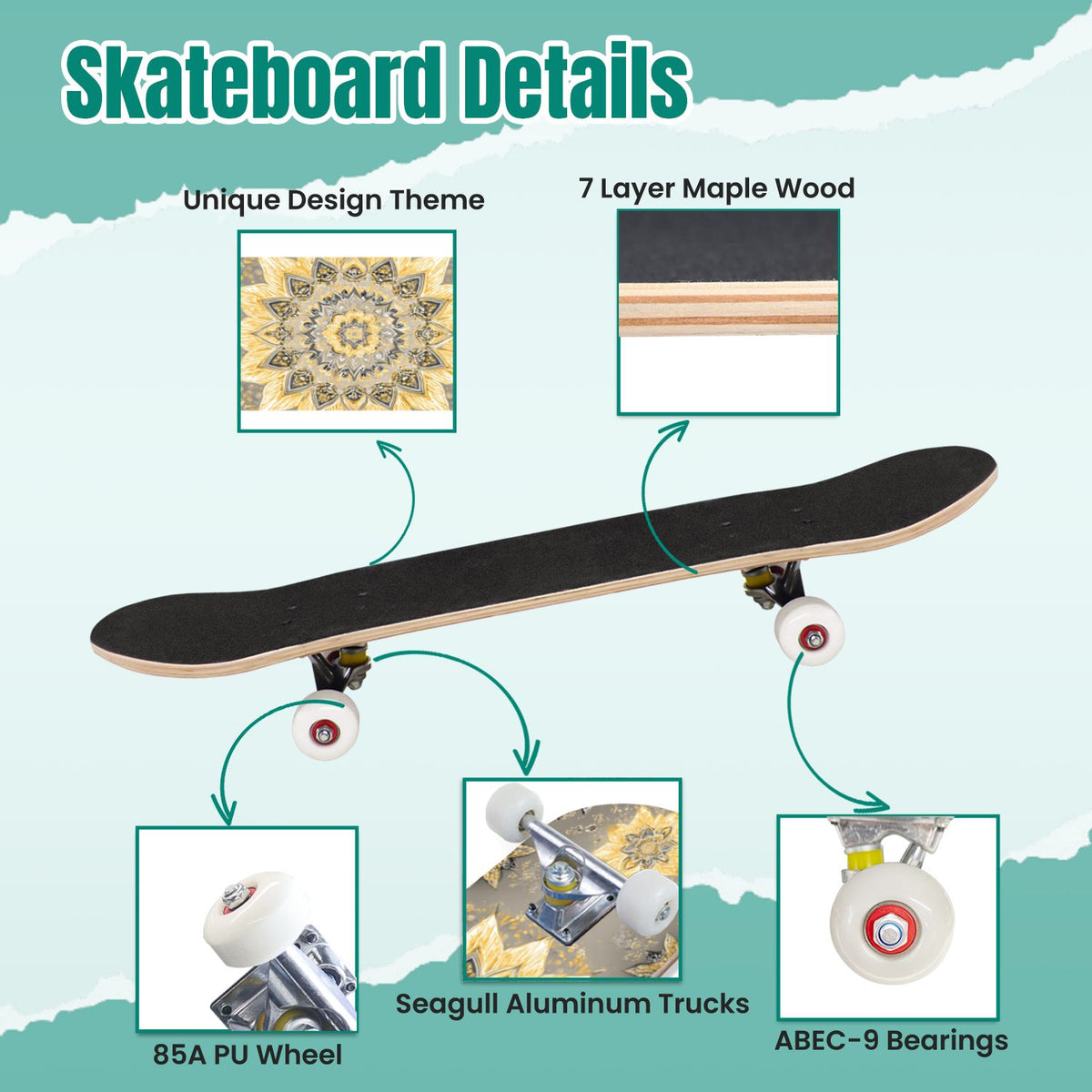 Botanical Floral Peonies Hummingbirds 31" x 8" Complete Skateboard, 7-Ply Canadian Maple Double Kick Trick Board for Kids and Beginners Adult Gifts