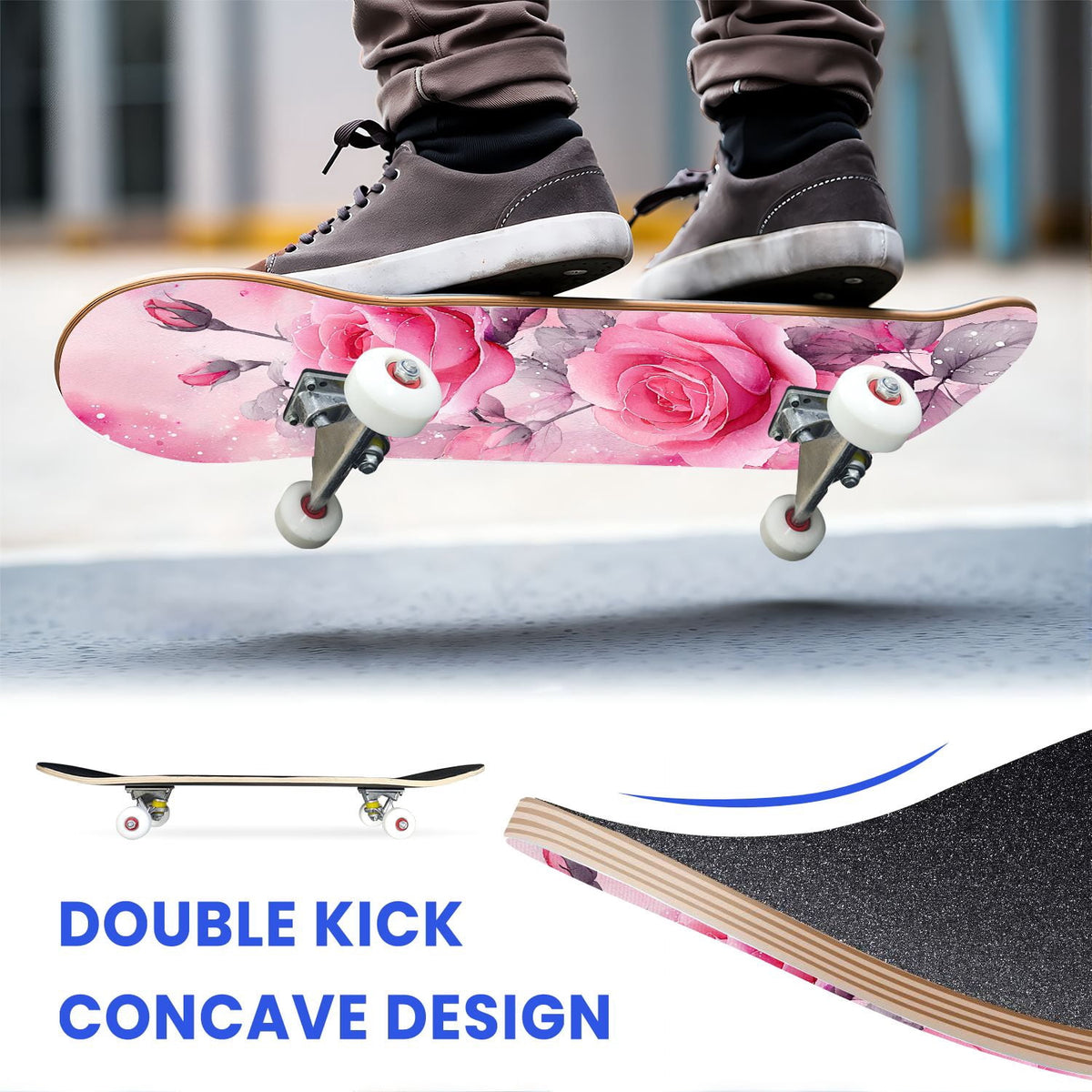 31"x8" Complete Skateboards for Beginners, Elegant Pink Red Roses Green Leaves Dark Double Kick 7 Ply Canadian Maple Deck Skateboard with Wheels, Gifts for Kids Teens