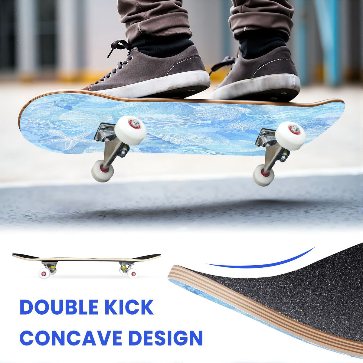 31"x8" Complete Skateboards for Beginners,Blue Botanical Leaf White Double Kick 7 Ply Canadian Maple Deck Skateboard with Wheels, Gifts for Kids Teens