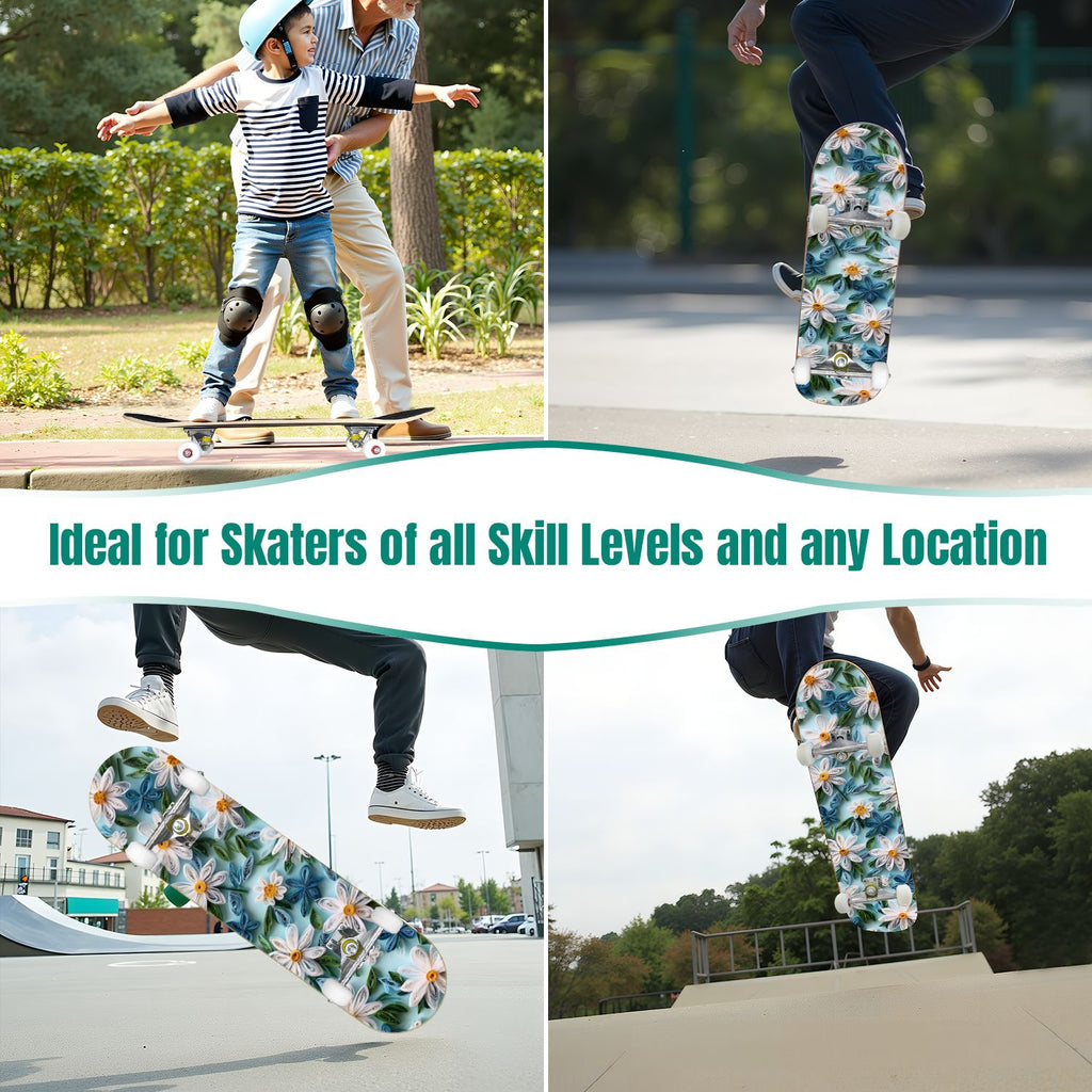 Delicate White Lotus Flowers Leaves Soft Blue 31" x 8" Complete Skateboard, 7-Ply Canadian Maple Double Kick Trick Board for Kids and Beginners Adult Gifts
