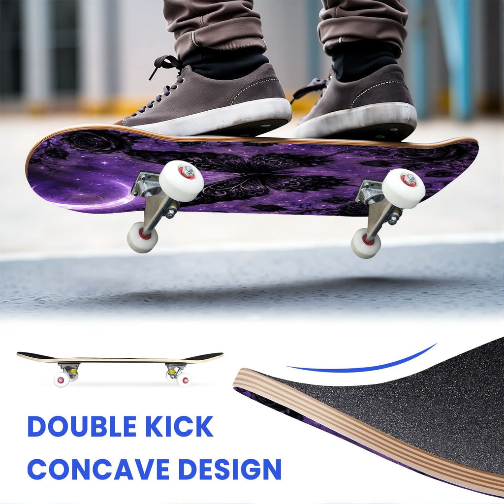 31"x8" Complete Skateboards for Beginners, Mystical Purple Butterfly Glowing Mushrooms Under Full Moon Double Kick 7 Ply Canadian Maple Deck Skateboard with Wheels, Gifts for Kids Teens