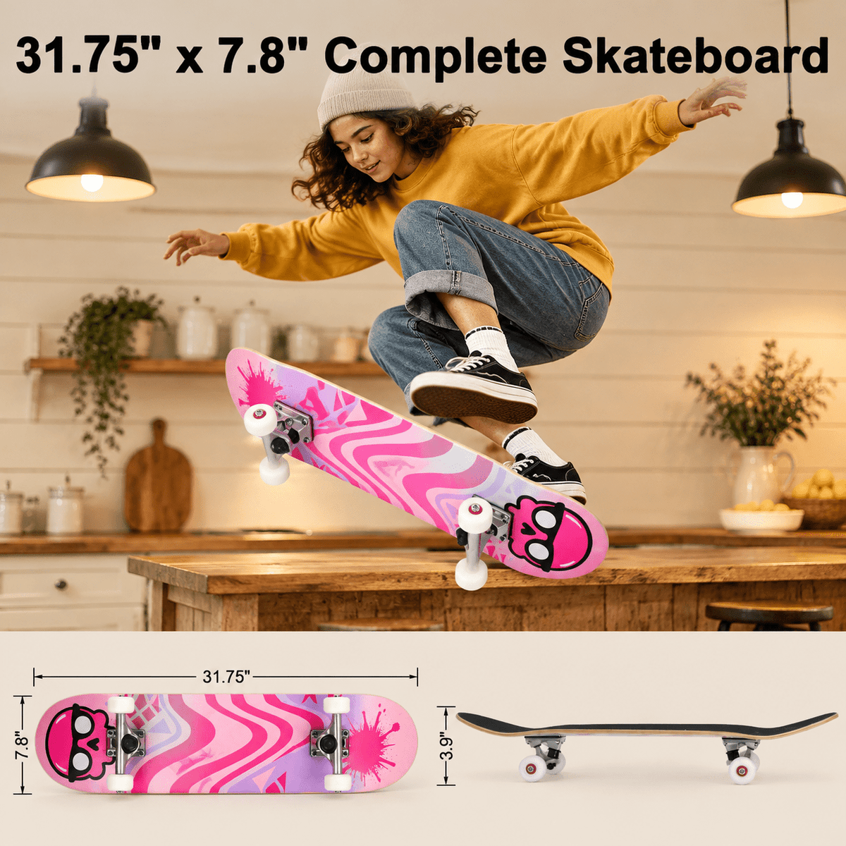 Checkerbot 31"x8" Standard Complete Skateboard with 7 Layer Canadian Maple for Beginners Adults Teens