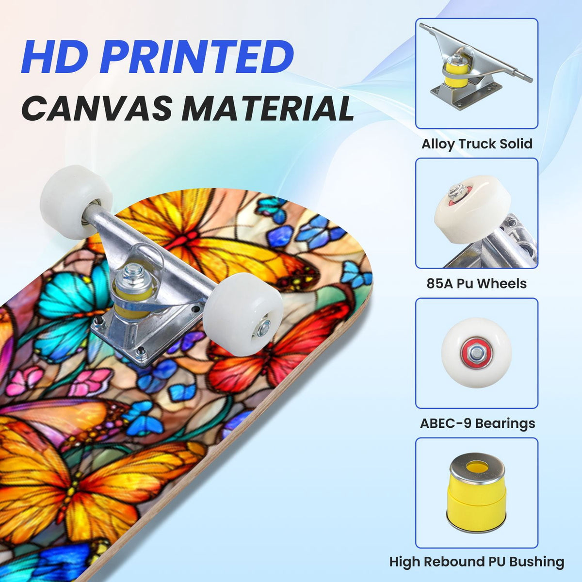 31"x8" Complete Skateboards for Beginners, Vibrant Stained Glass Window Butterflies Flowers Double Kick 7 Ply Canadian Maple Deck Skateboard with Wheels, Gifts for Kids Teens