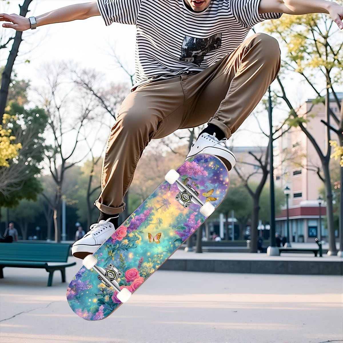 31"x8" Complete Skateboards for Beginners,Pink Cream Vertical Stripes Double Kick 7 Ply Canadian Maple Deck Skateboard with Wheels, Gifts for Kids Teens