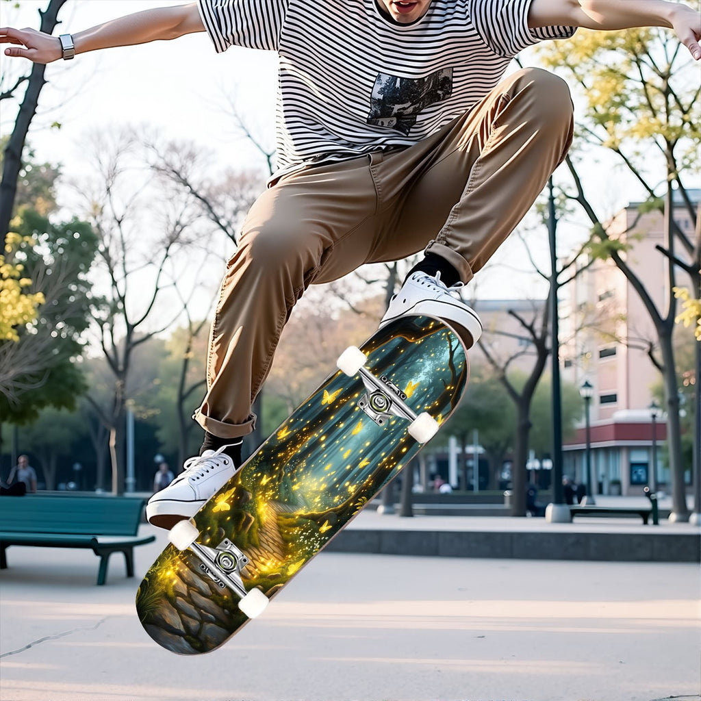 31"x8" Complete Skateboards for Beginners, Magical Forest Glowing Mushrooms Twinkling Fantasy Double Kick 7 Ply Canadian Maple Deck Skateboard with Wheels, Gifts for Kids Teens