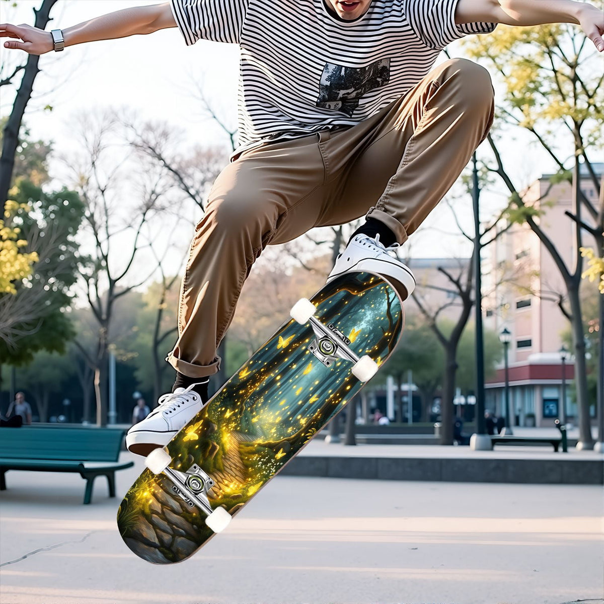 31"x8" Complete Skateboards for Beginners, Magical Forest Glowing Mushrooms Twinkling Fantasy Double Kick 7 Ply Canadian Maple Deck Skateboard with Wheels, Gifts for Kids Teens