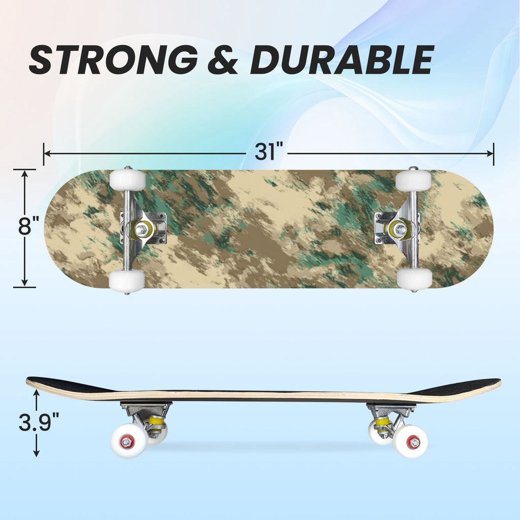 31"x8" Complete Skateboards for Beginners,Abstract Natural Earthy Tones Brush Strokes Camouflage Double Kick 7 Ply Canadian Maple Deck Skateboard with Wheels, Gifts for Kids Teens