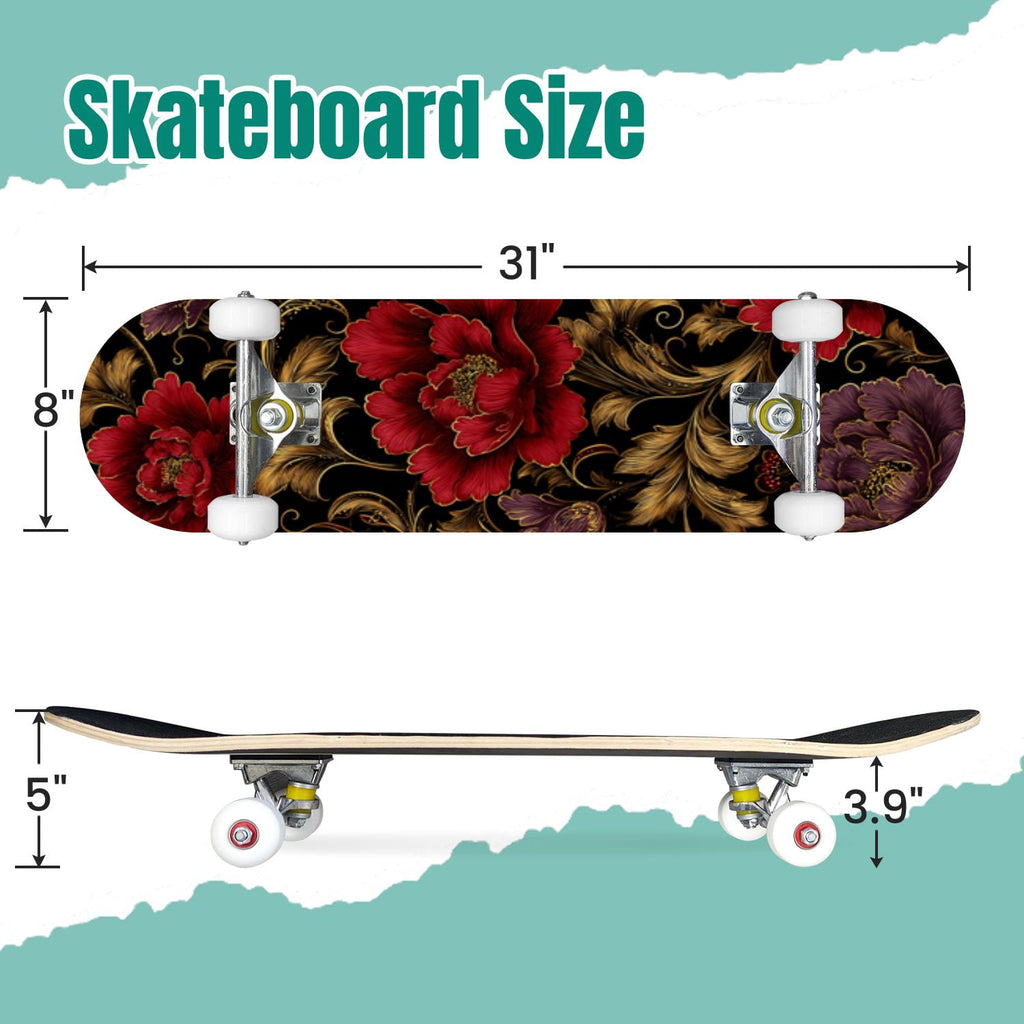 Vintage Movie Theater Classic Cinema 31" x 8" Complete Skateboard, 7-Ply Canadian Maple Double Kick Trick Board for Kids and Beginners Adult Gifts