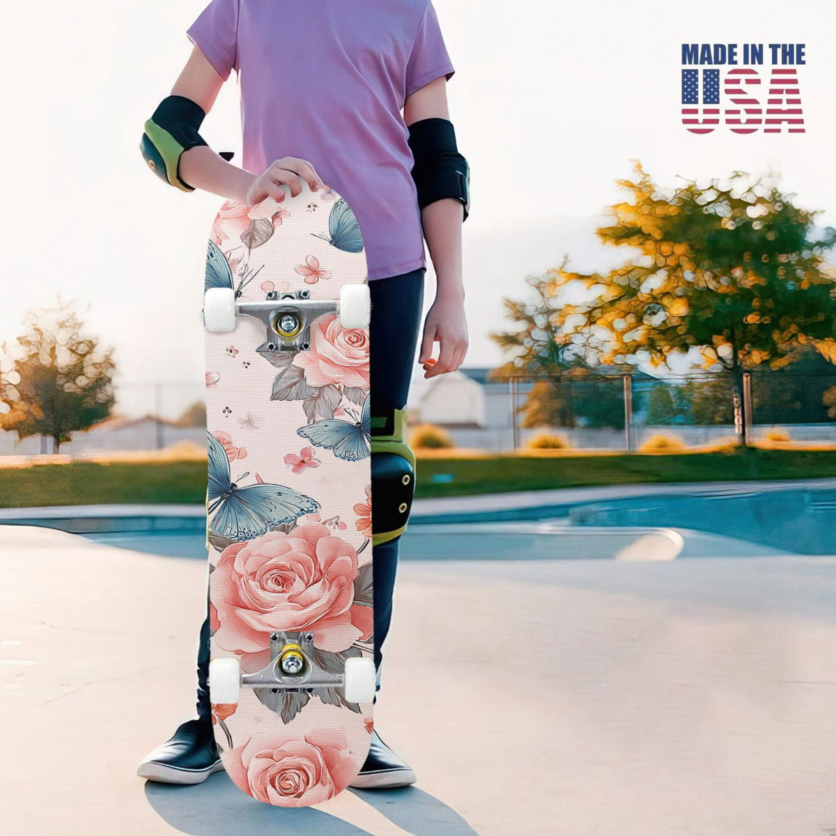 31"x8" Complete Skateboards for Beginners, Elegant Floral Pink Roses Blue Butterflies Double Kick 7 Ply Canadian Maple Deck Skateboard with Wheels, Gifts for Kids Teens