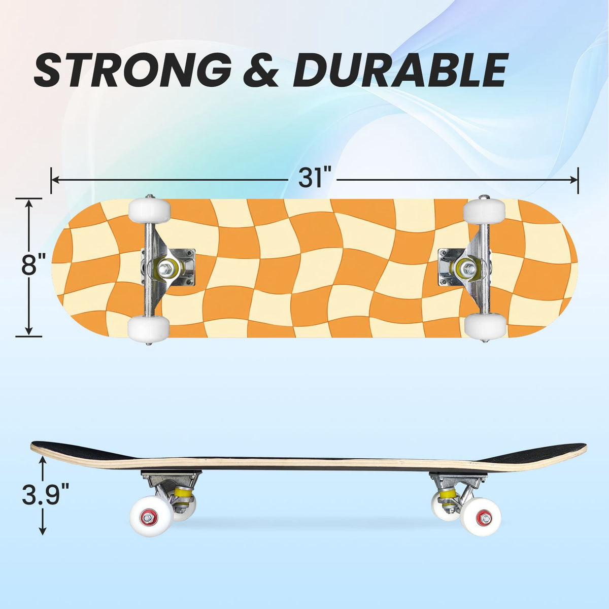 31"x8" Complete Skateboards for Beginners,Colorful Geometric Tile Multicolored Squares Double Kick 7 Ply Canadian Maple Deck Skateboard with Wheels, Gifts for Kids Teens