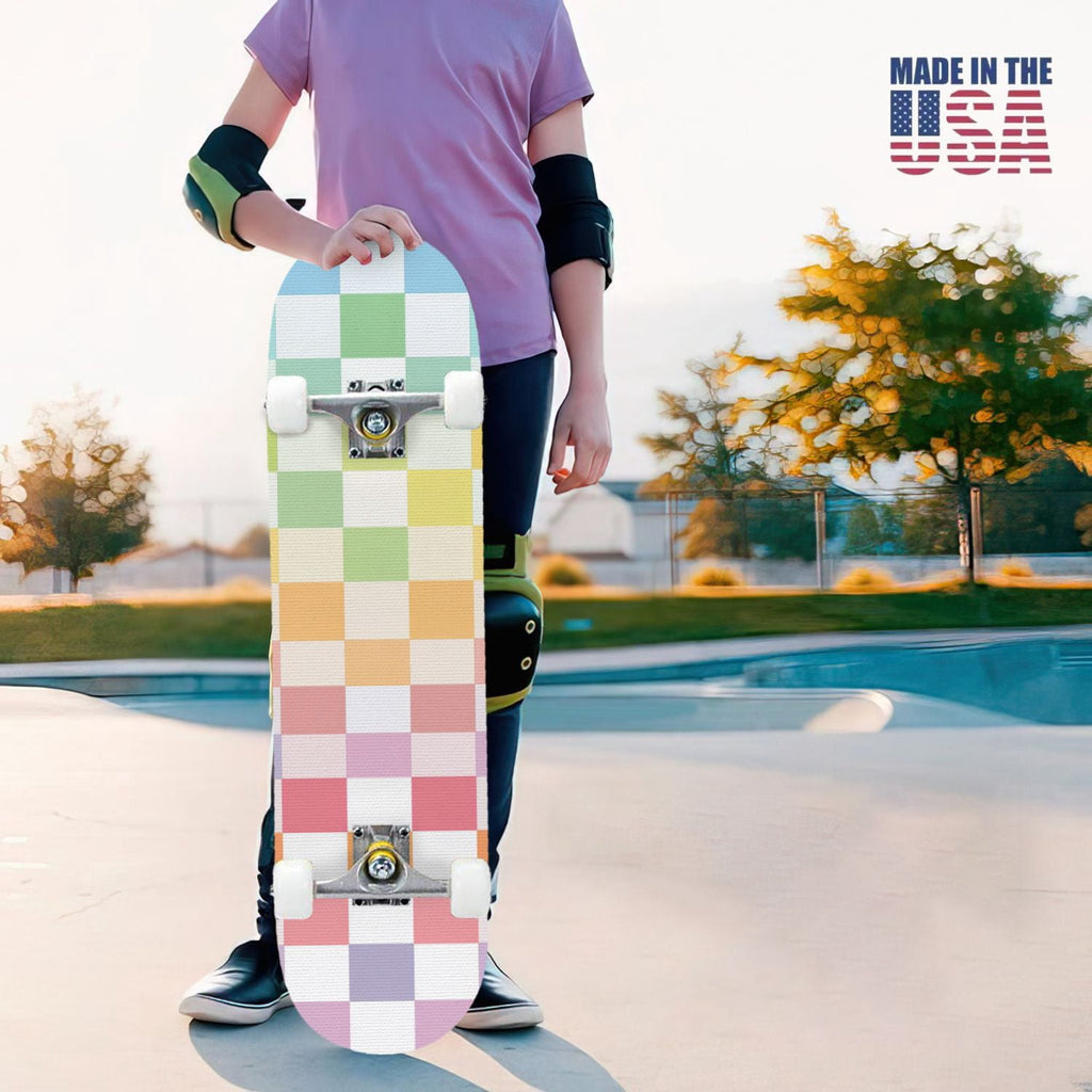 31"x8" Complete Skateboards for Beginners,Light Green White Gingham Checkered Double Kick 7 Ply Canadian Maple Deck Skateboard with Wheels, Gifts for Kids Teens