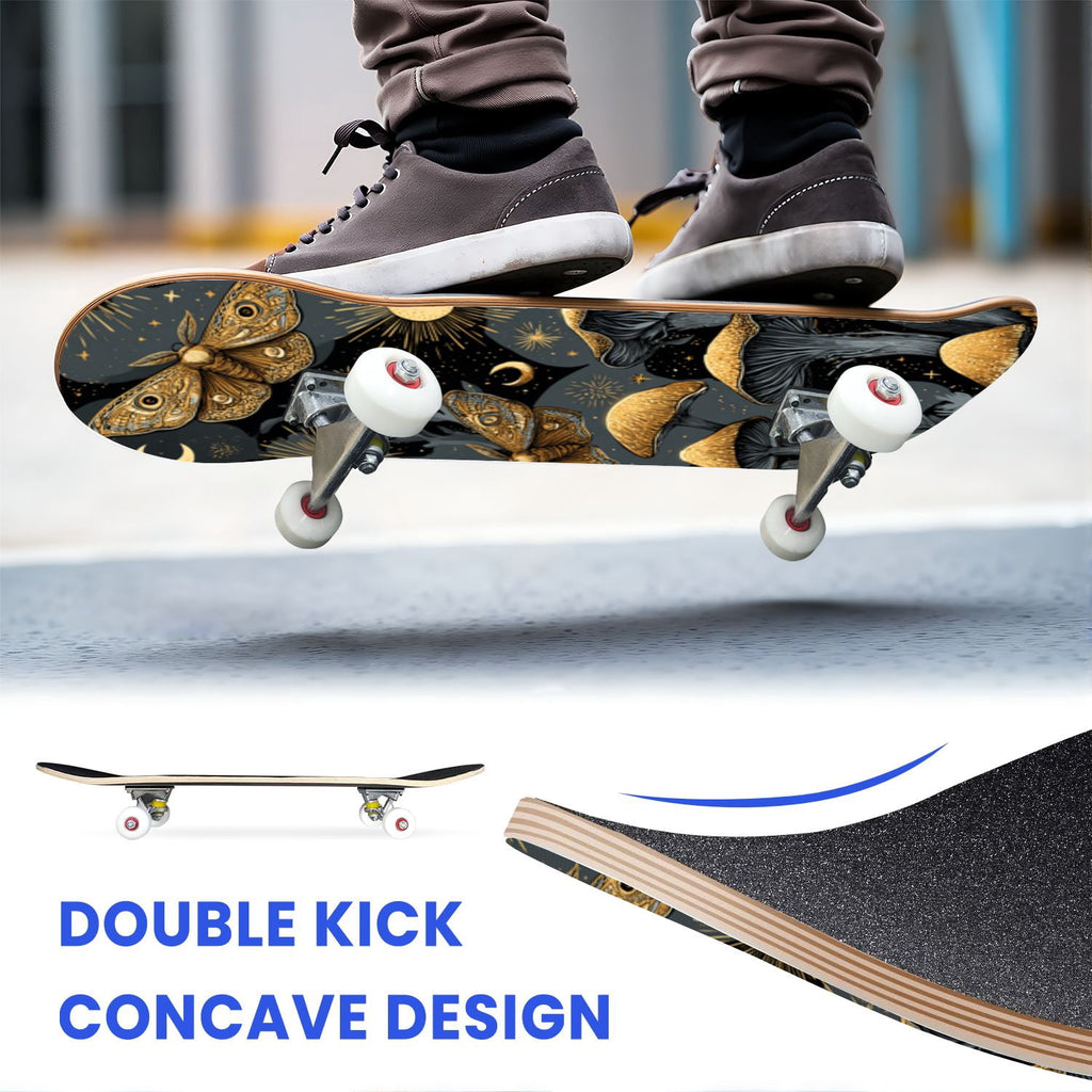 31"x8" Complete Skateboards for Beginners,Whimsical Blue Butterflies Green Foliage Dark Night Fantasy Double Kick 7 Ply Canadian Maple Deck Skateboard with Wheels, Gifts for Kids Teens