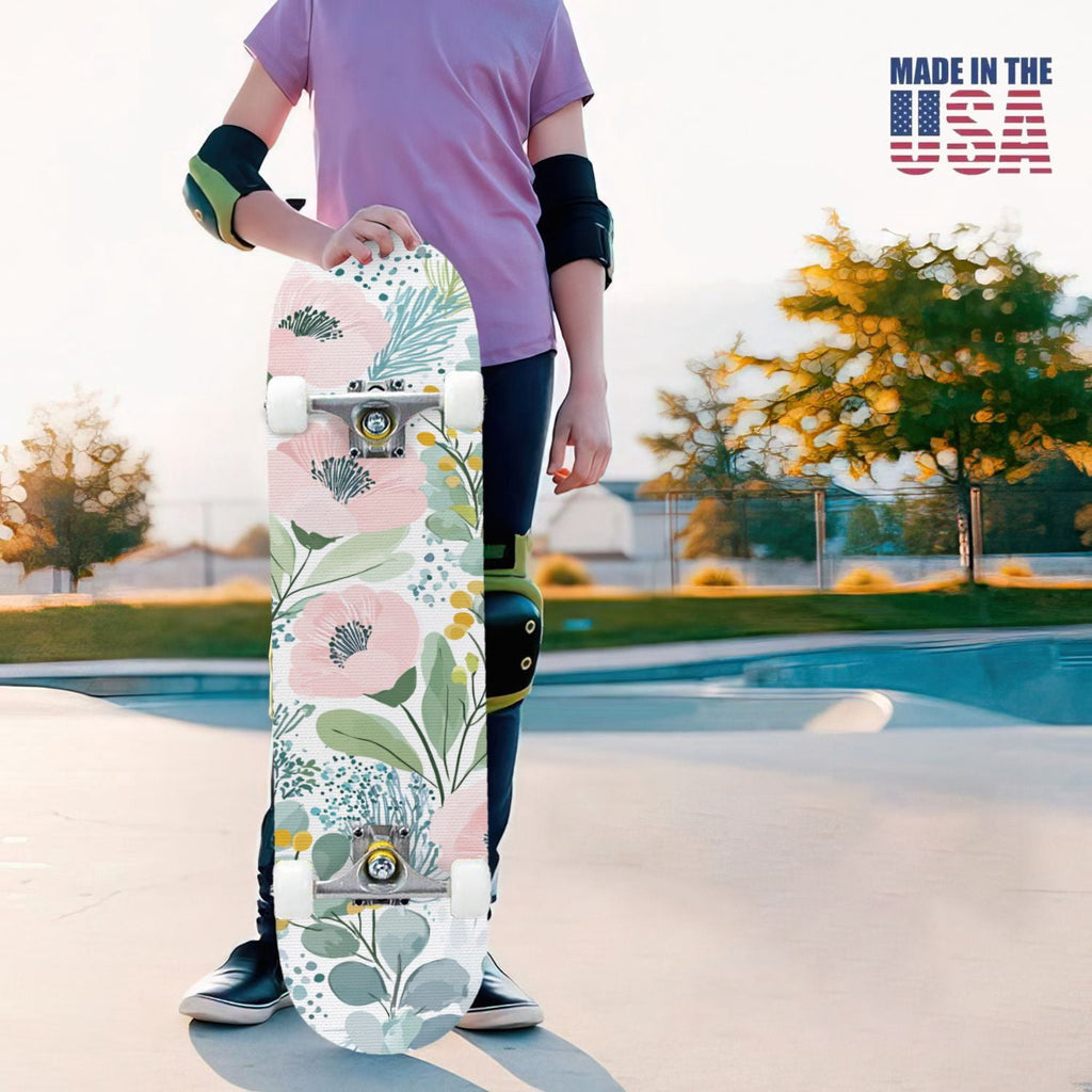 31"x8" Complete Skateboards for Beginners, Elegant Floral Pink Roses Blue Butterflies Double Kick 7 Ply Canadian Maple Deck Skateboard with Wheels, Gifts for Kids Teens