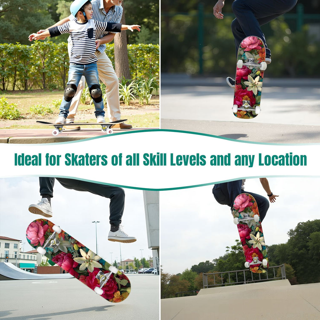 Watercolor Floral Shades Blue Grey Leaves 31" x 8" Complete Skateboard, 7-Ply Canadian Maple Double Kick Trick Board for Kids and Beginners Adult Gifts