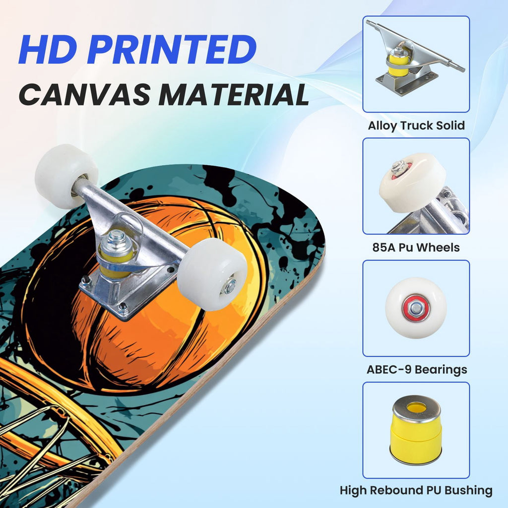 31"x8" Complete Skateboards for Beginners,Abstract Soccer Ball Vibrant Paint Splashes Drips Double Kick 7 Ply Canadian Maple Deck Skateboard with Wheels, Sports Gifts for Kids Teens