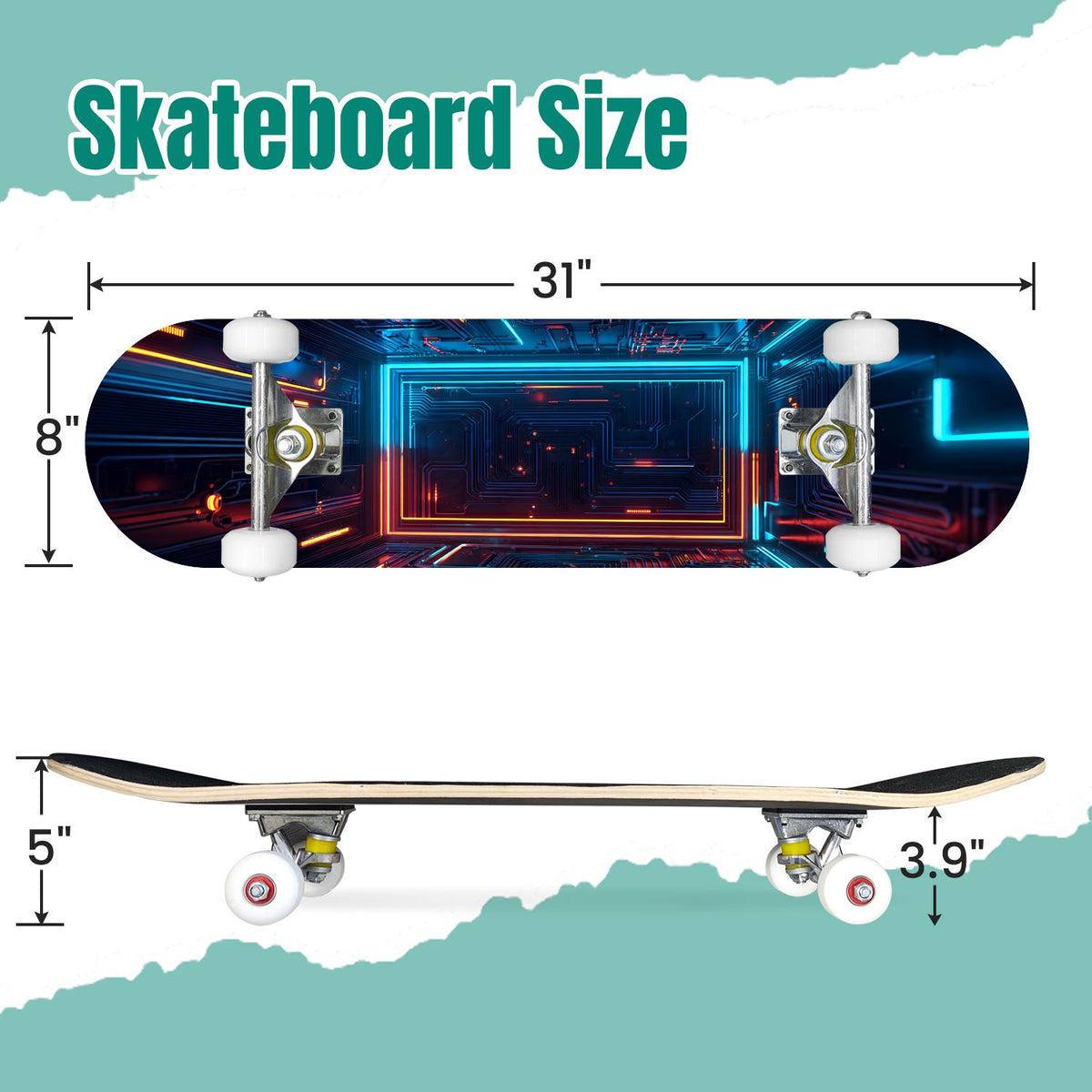 Futuristic Glowing Orange Neon Lines Dark Metallic Panels 31" x 8" Complete Skateboard, 7-Ply Canadian Maple Double Kick Trick Board for Kids and Beginners Adult Gifts