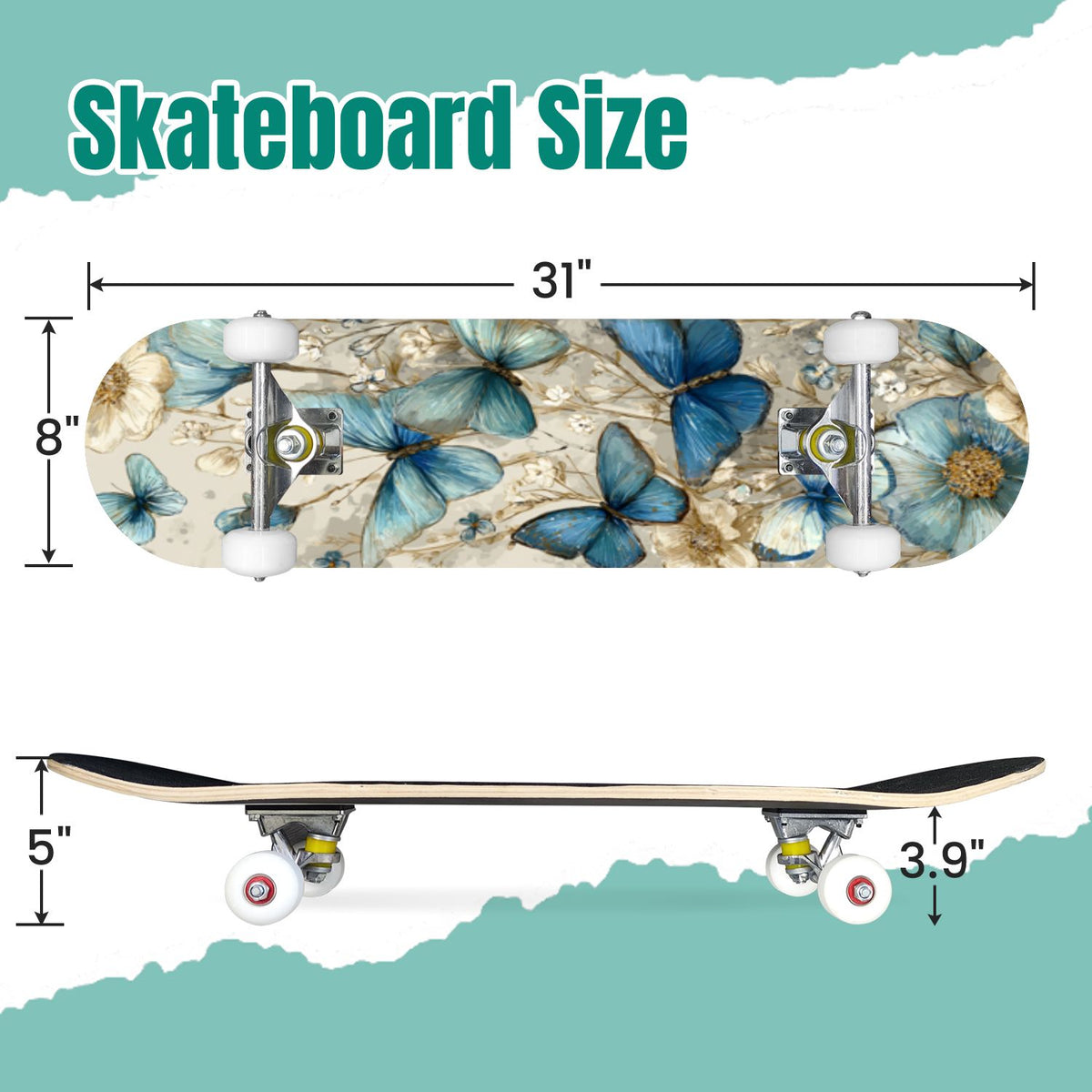 Tropical Jungle Leaf Teal Green Botanical 31" x 8" Complete Skateboard, 7-Ply Canadian Maple Double Kick Trick Board for Kids and Beginners Adult Gifts
