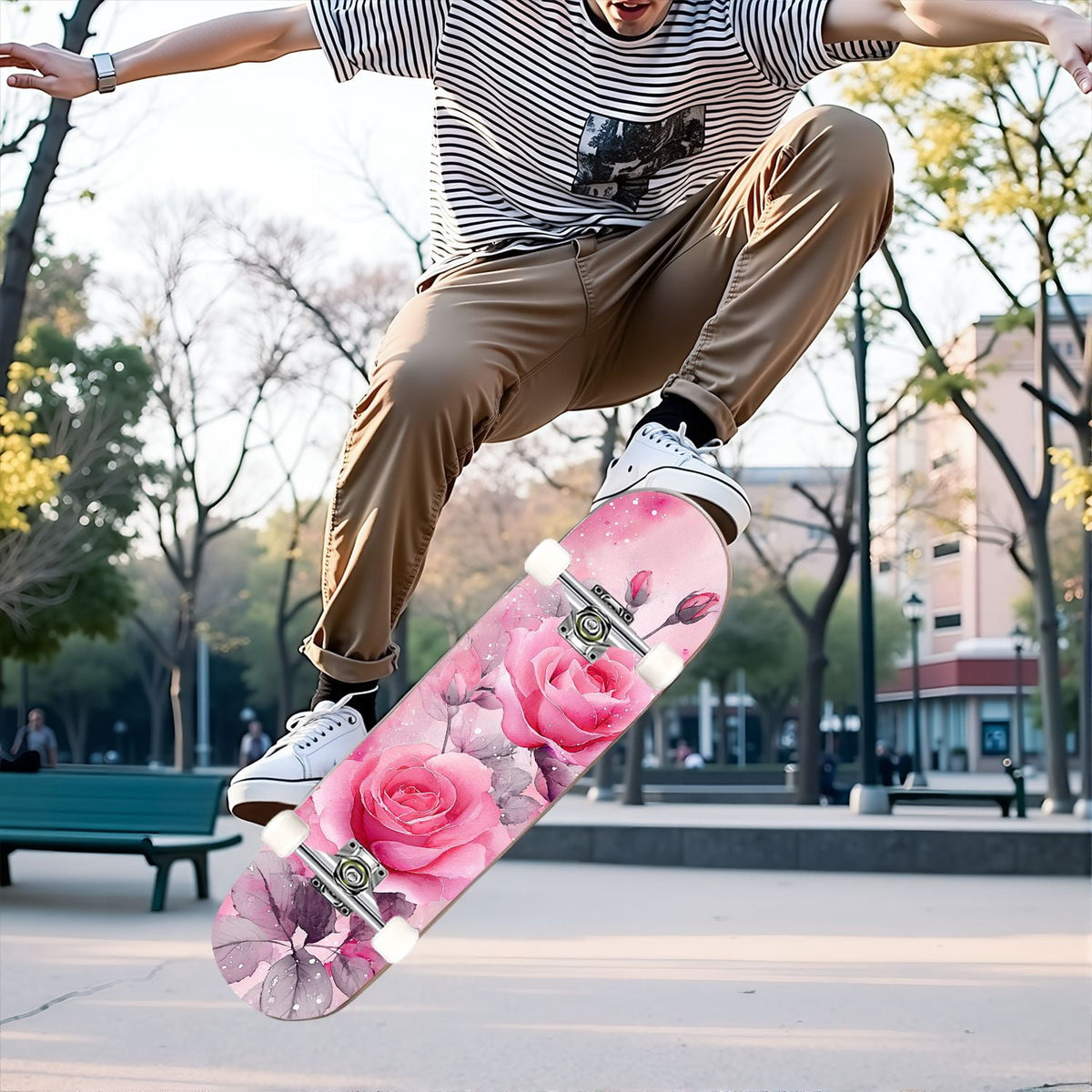 31"x8" Complete Skateboards for Beginners, Elegant Pink Red Roses Green Leaves Dark Double Kick 7 Ply Canadian Maple Deck Skateboard with Wheels, Gifts for Kids Teens