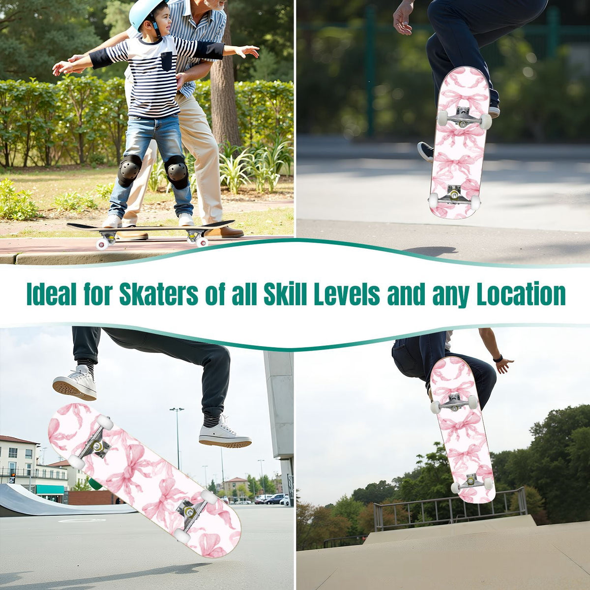 Delicate Pink Floral Ribbon Design 31" x 8" Complete Skateboard, 7-Ply Canadian Maple Double Kick Trick Board for Kids and Beginners Adult Gifts
