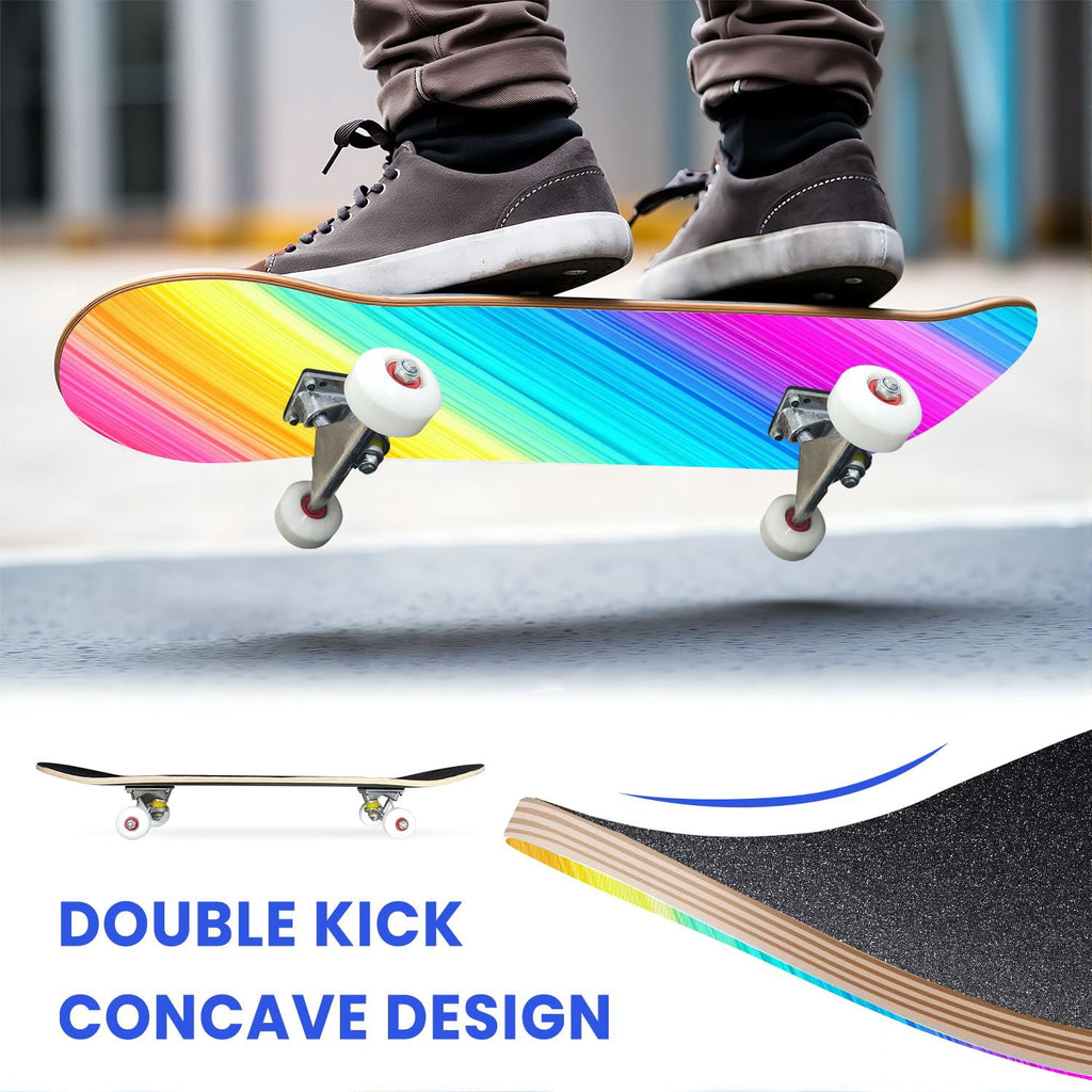 31"x8" Complete Skateboards for Beginners,Vibrant Diagonal Rainbow Gradient Abstract Art Double Kick 7 Ply Canadian Maple Deck Skateboard with Wheels, Gifts for Kids Teens