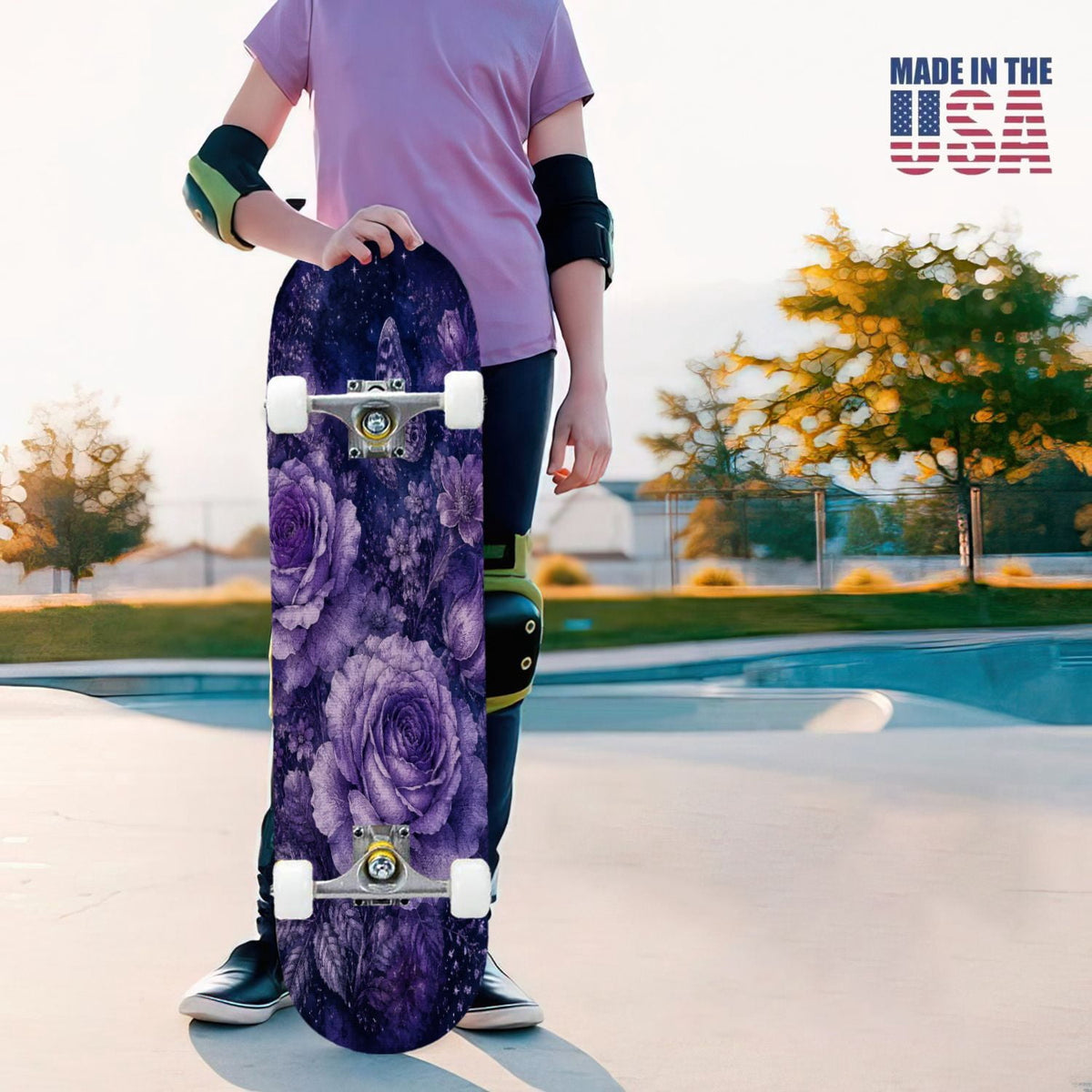 31"x8" Complete Skateboards for Beginners, Mystical Purple Butterfly Glowing Mushrooms Under Full Moon Double Kick 7 Ply Canadian Maple Deck Skateboard with Wheels, Gifts for Kids Teens