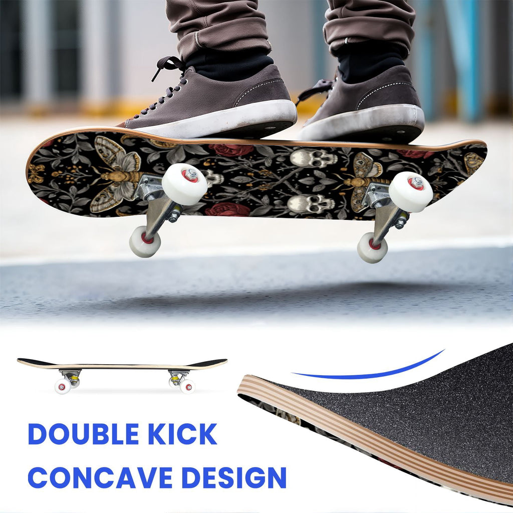 31"x8" Complete Skateboards for Beginners,Whimsical Blue Butterflies Green Foliage Dark Night Fantasy Double Kick 7 Ply Canadian Maple Deck Skateboard with Wheels, Gifts for Kids Teens